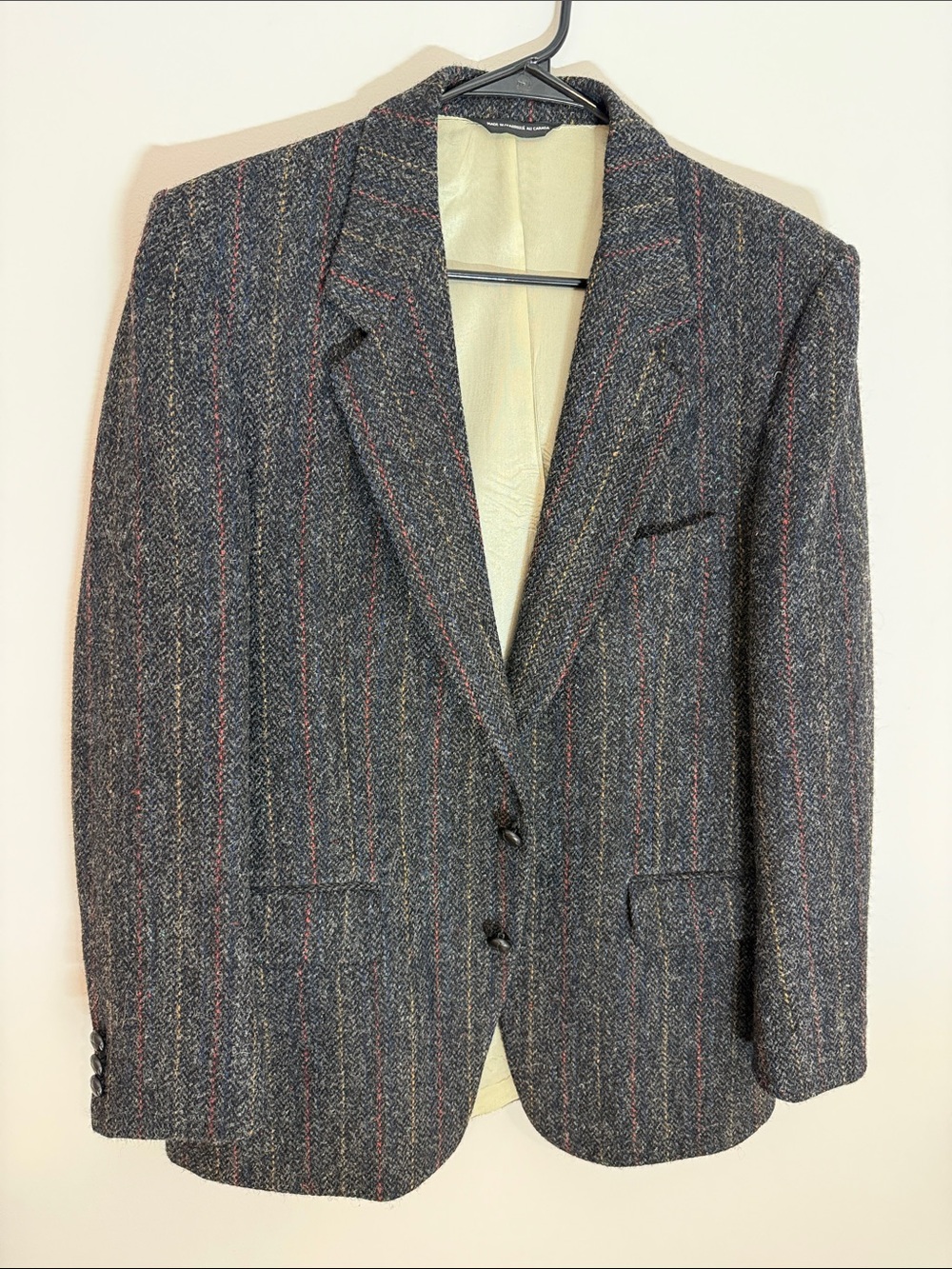 Harris Tweed Charcoal Herringbone Blazer with Subtle Red Stripe
